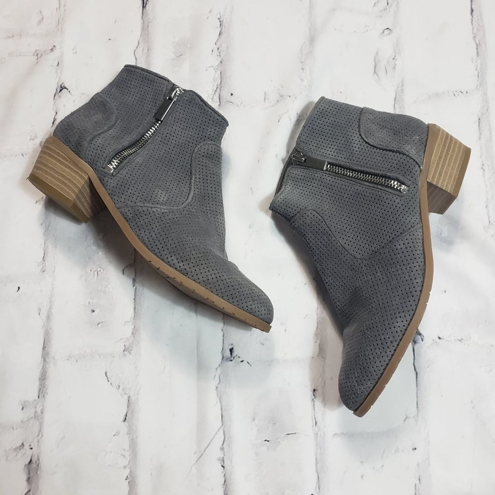 INC Gray Suede Perforated Stacked Heel Zipper Ankle Booties Size 6.5